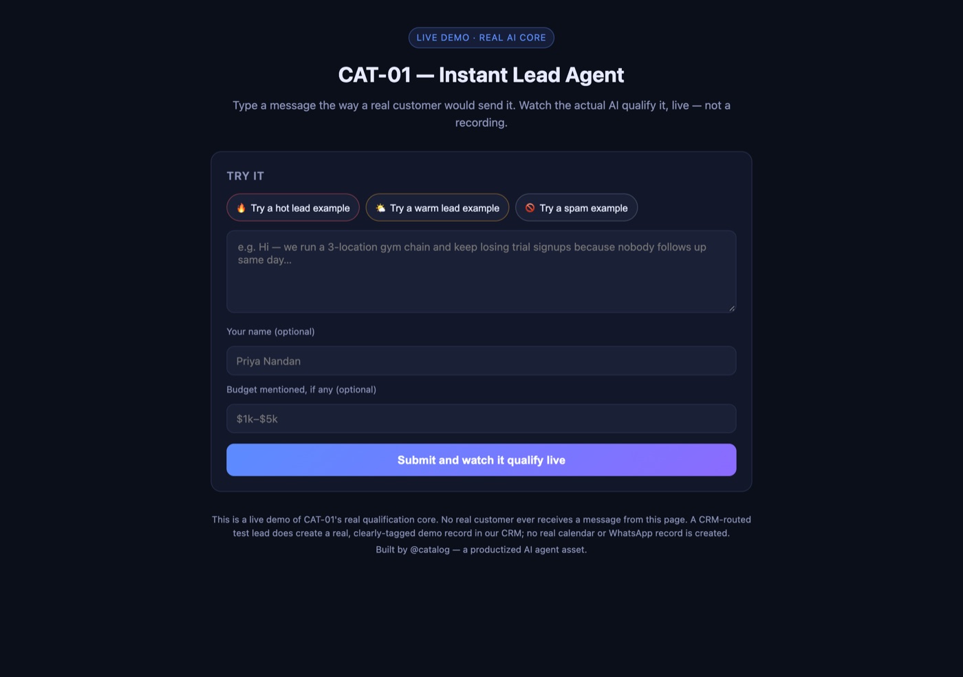 CAT-01 demo: a lead message typed in, with hot, warm and spam example buttons